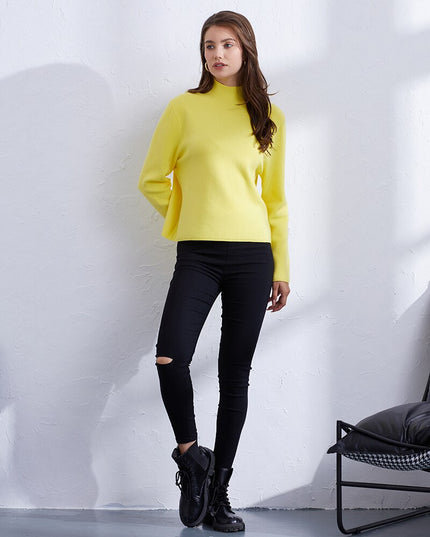 Pullover Sweater Women Yellow Blue Autumn Mock Neck Cropped Sweater Korean Style Long Sleeve Short Sweater For Women