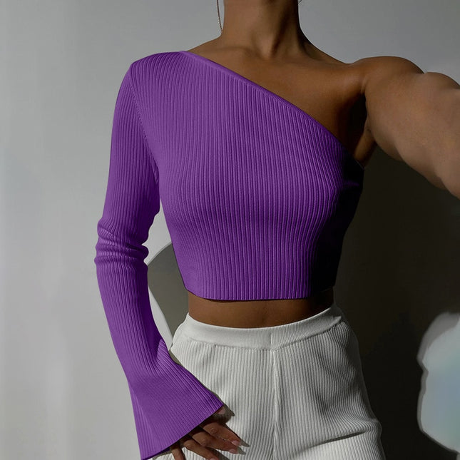 Herbst Asymmetrische Strick-Langarm-Slim-Tops für Damen Mode Einfarbige Y2K Cropped Top T-Shirts Basic Kleidung
