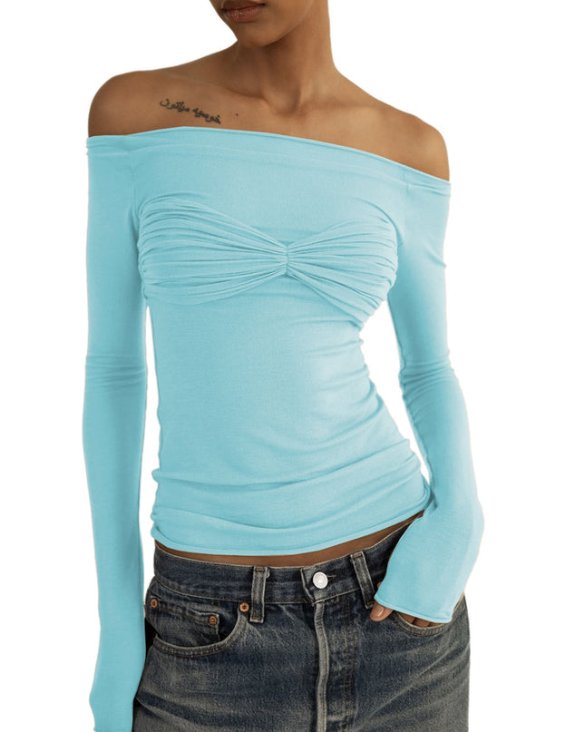 Elegante schulterfreie geraffte Strickoberteile für Damen, modische Frühling-Sommer-Langarm-Club-Party-Unifarben-T-Shirt-Kleidung