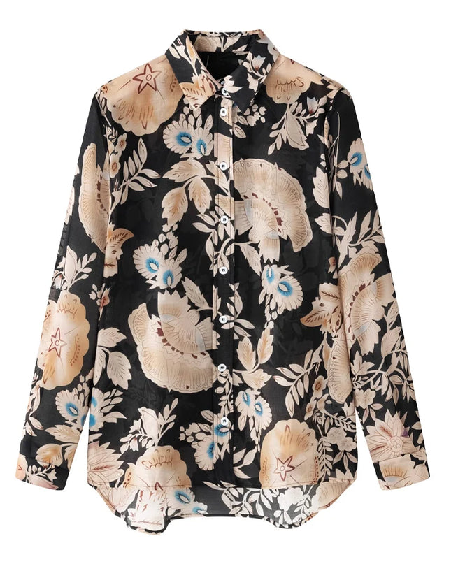 Florale schwarze Bluse – Frühjahr/Sommer-Top 2024 | Damenhemd mit Umlegekragen