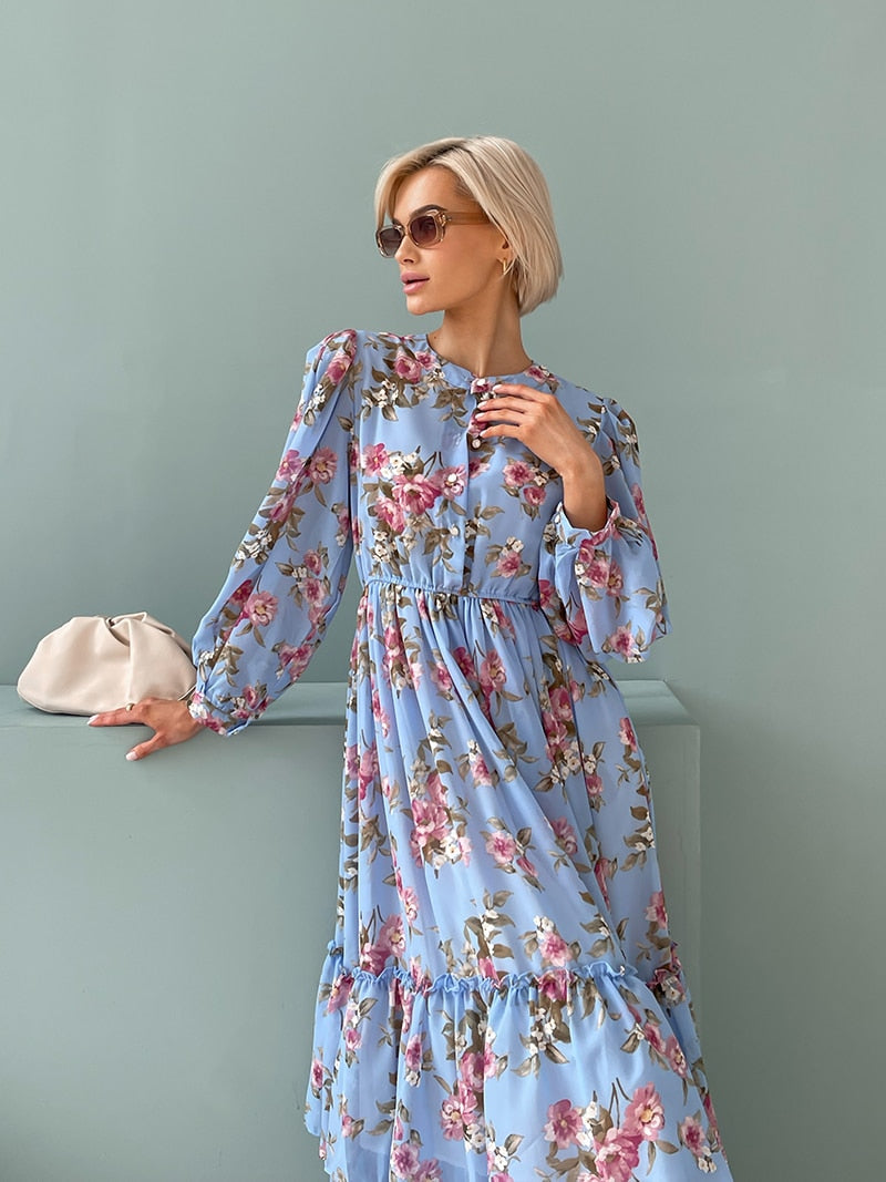 Elegant Pleated Long Sleeve Chiffon Evening Dresses Women Pink Blue Black White Floral Beach Long Maxi Summer Dress Women 2023