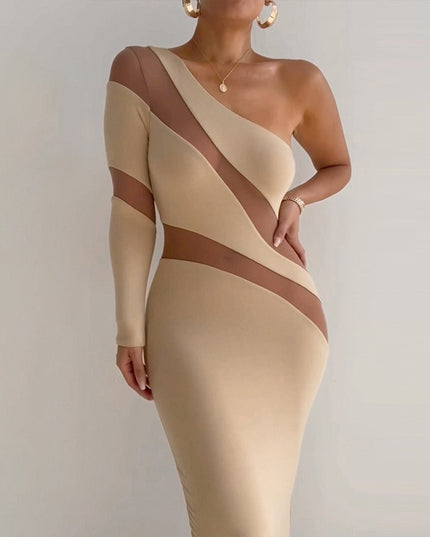 Midi klänning med en axel och mesh för kvinnor, festklubb, elegant outfit, urringade, figurnära klänningar Vestido