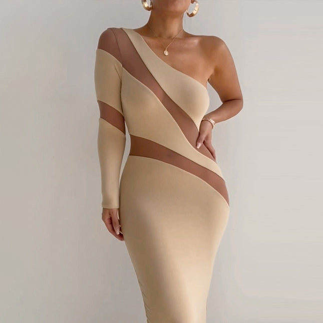 Damen One-Shoulder-Mesh-Kleid transparent Langarm Midi Elegant Party Club Cut Out Bodycon Kleid Vestido