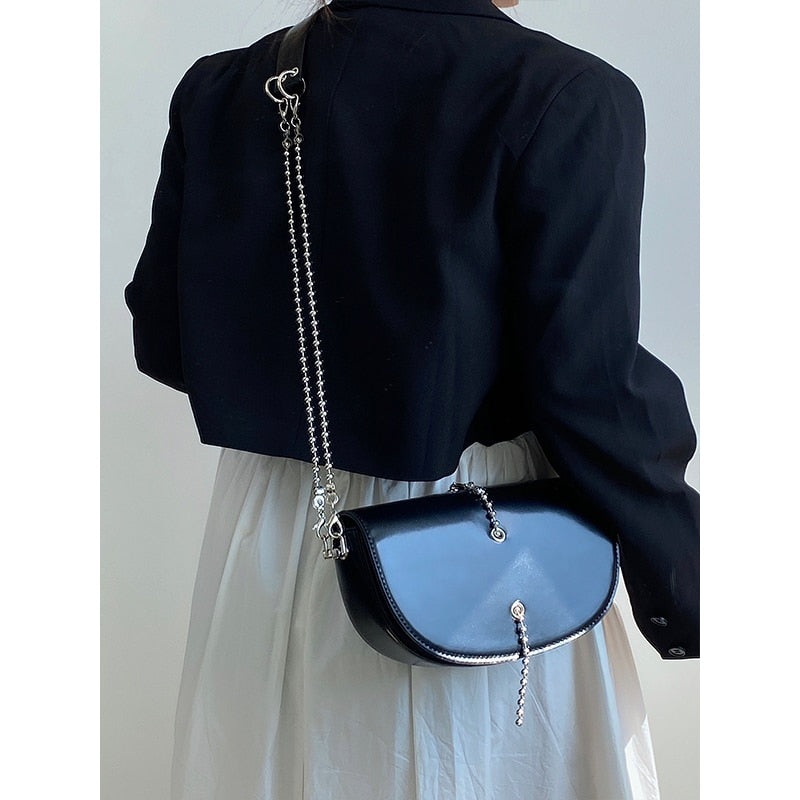 Beaded Chain Women Saddle Shoulder Bag PU Leather Ladies Clutch Purse Handbags Underarm