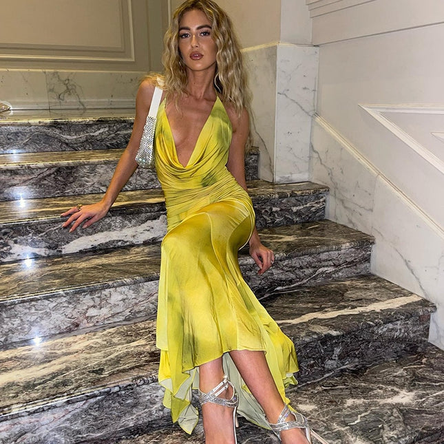 Fashion Print Ruffles Halter Sexy Mermaid Dress Women Sleeveless Backless Draped Ruched Maxi Dresses Party Vestido