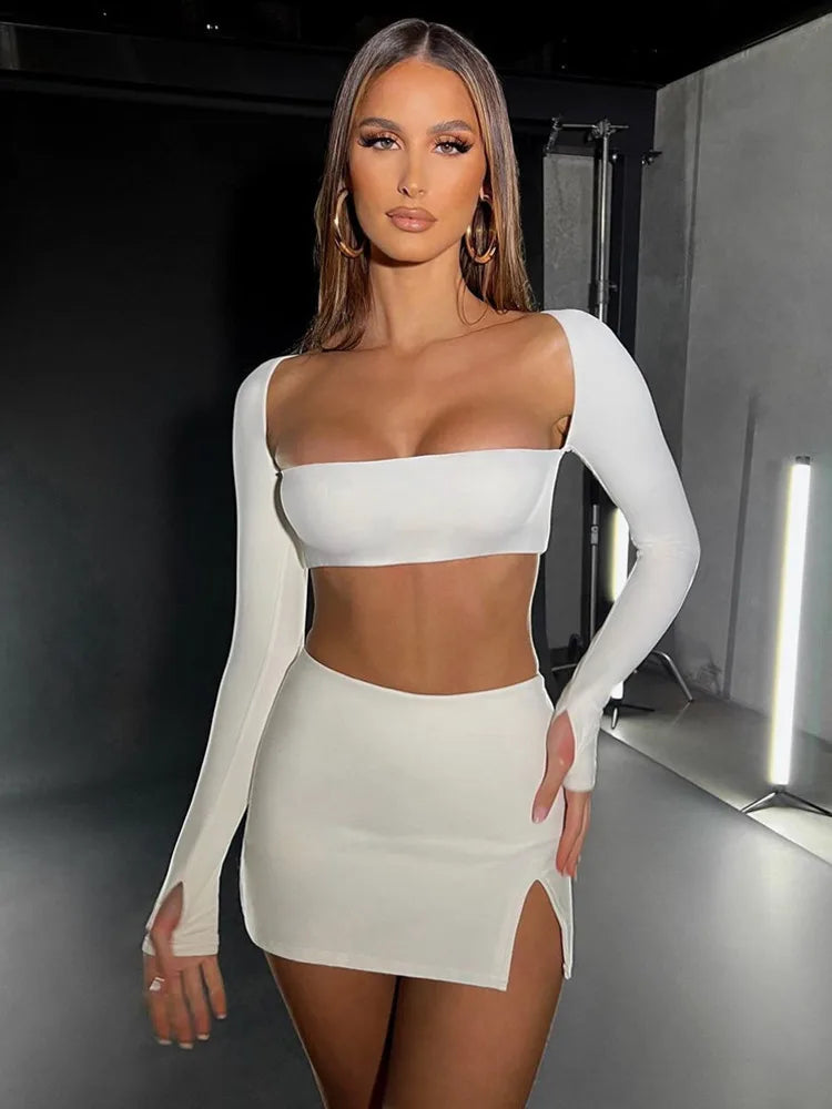 White Square Collar Two Piece Set - Sexy Women's Party Outfit