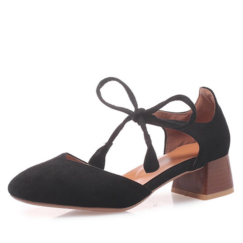 Pumps For Women Square Toe Block Heels Flock Lace-Up Shallow Sweet
