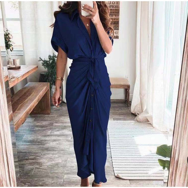 Elegante Damenkleider 2023 Sommer Mode Bedrucktes Kurzarm-Hemdkleid Vintage Taillenschnürung Knopfbandage Langes Kleid Robe