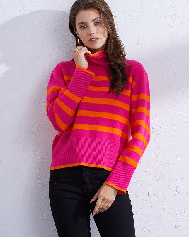 Turtleneck Striped Knit Sweater Women Long Sleeve Cropped Sweaters Vintage High Neck Knitted Sweaters & Jumpers For Women 2023