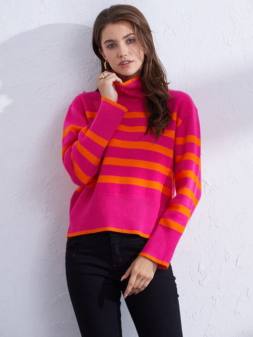 Turtleneck Striped Knit Sweater Women Long Sleeve Cropped Sweaters Vintage High Neck Knitted Sweaters & Jumpers For Women 2023