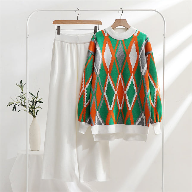 Lozenge Knitted Sweater Matching Set Loungewear Women Pants Suit 2 Piece Tracksuit Knit Two Piece Sets Womens Outifits Winter