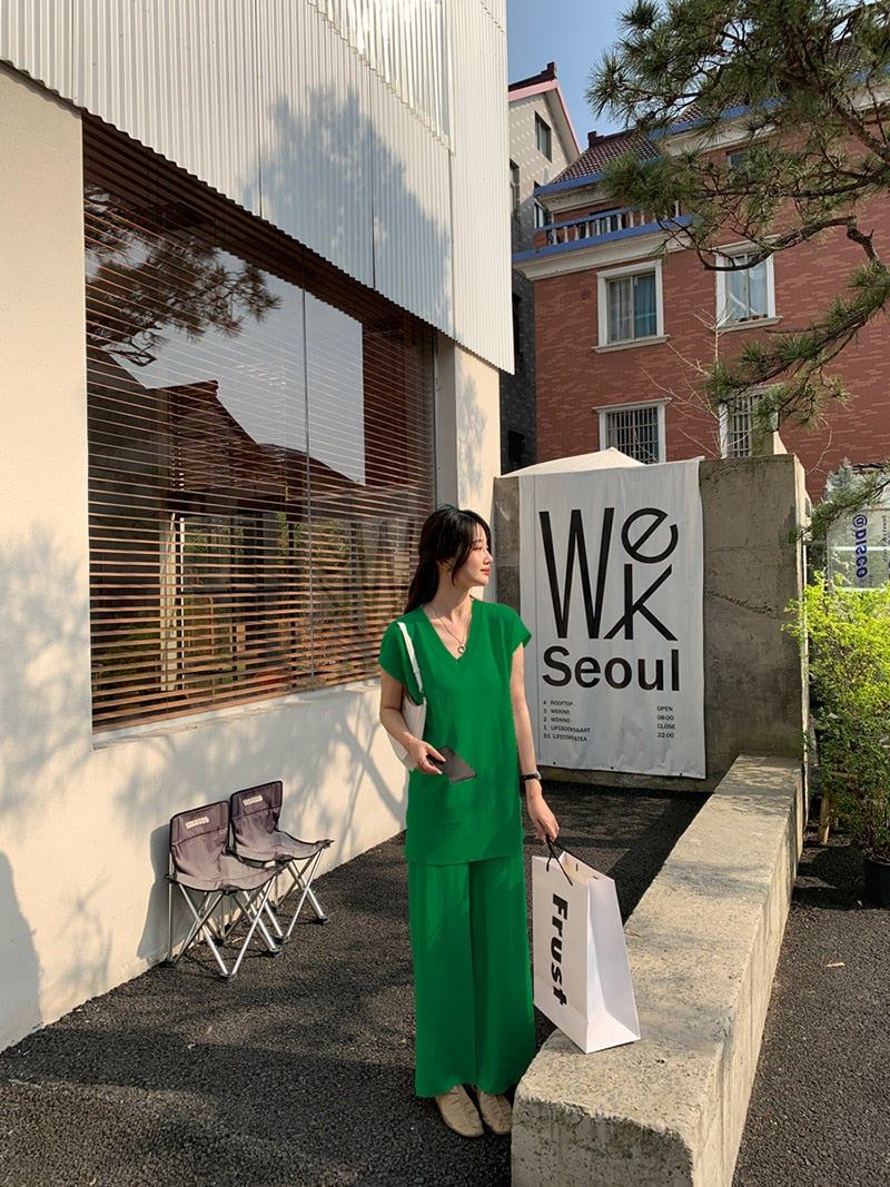 Womens Two Pieces Ice Silk Knitted Sets Casual Spring/summer Outfit Urban Style Trouser Suit V-Neck  Solid Color Sleeveless