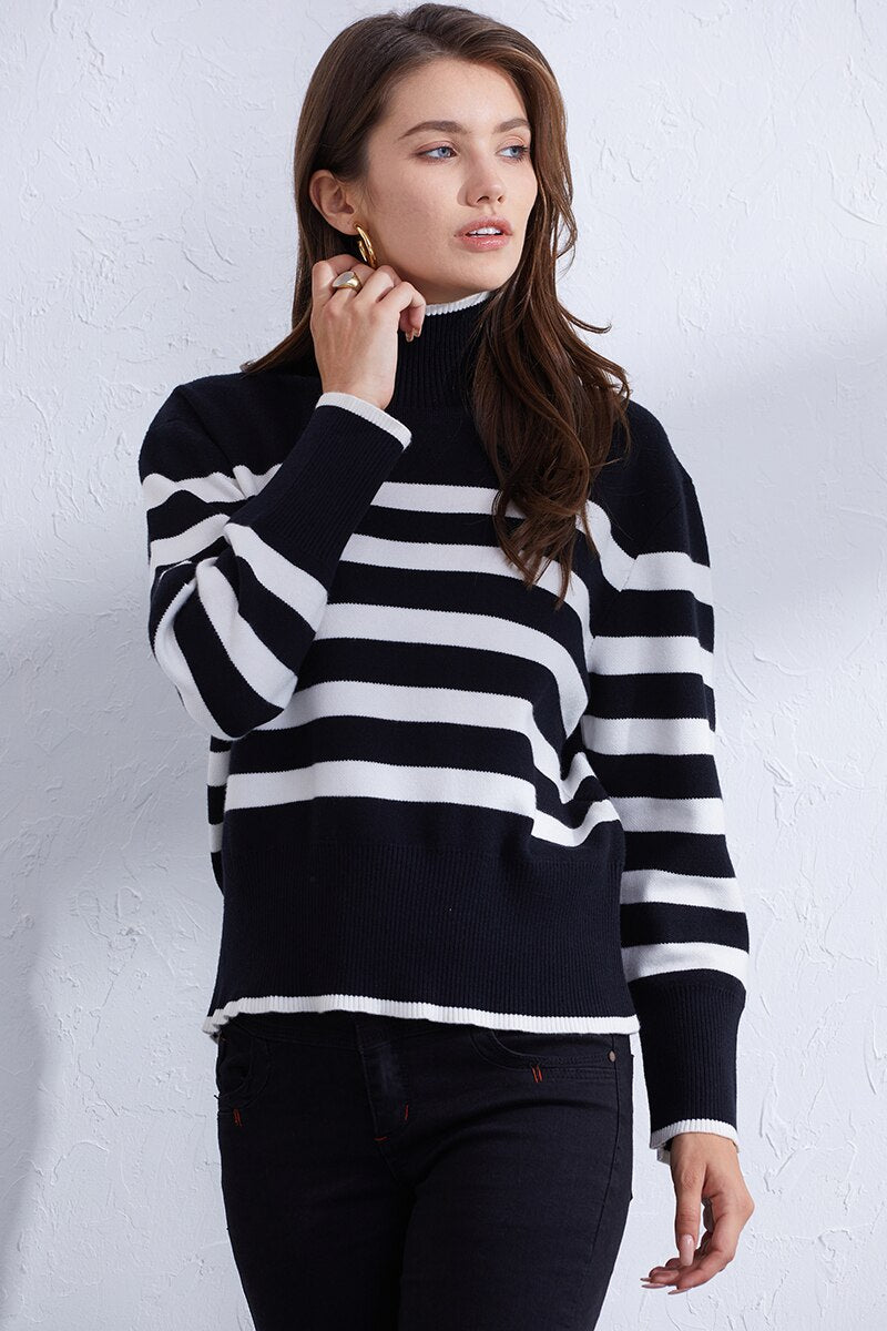Turtleneck Striped Knit Sweater Women Long Sleeve Cropped Sweaters Vintage High Neck Knitted Sweaters & Jumpers For Women 2023