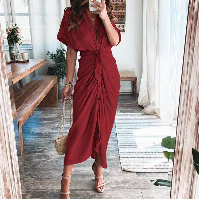 Elegante Damenkleider 2023 Sommer Mode Bedrucktes Kurzarm-Hemdkleid Vintage Taillenschnürung Knopfbandage Langes Kleid Robe