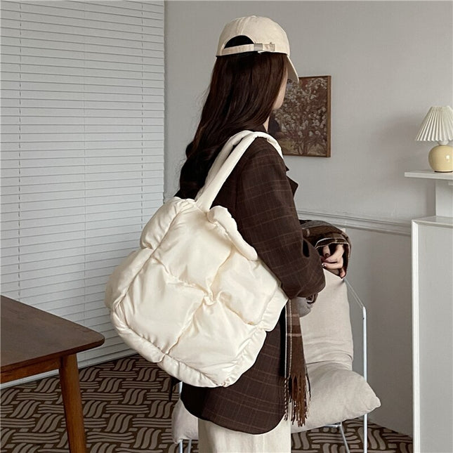 Quilted Down Tote Shoulder Bag for Women Soft Stuffed Ladies Designer Pillow