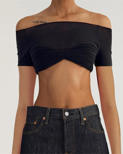 Elegant Knit Fashion Outfits See Through Women's Tops Summer Short Sleeve Off Shoulder Crop Tops Solid Streetwear