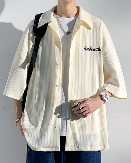 Korean Fashiosn Embroidery Shirts Black Short Sleeve Oversized Blouses Japanese Streetwear Y2k Beige Button Up Shirt