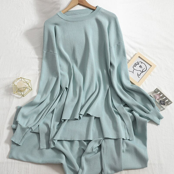 Casual Two Piece Women Knitted Set Wide Leg Pants Suit Sweater Sets Womens Outfits Knit 2 Piece Tracksuit Matching Set Women