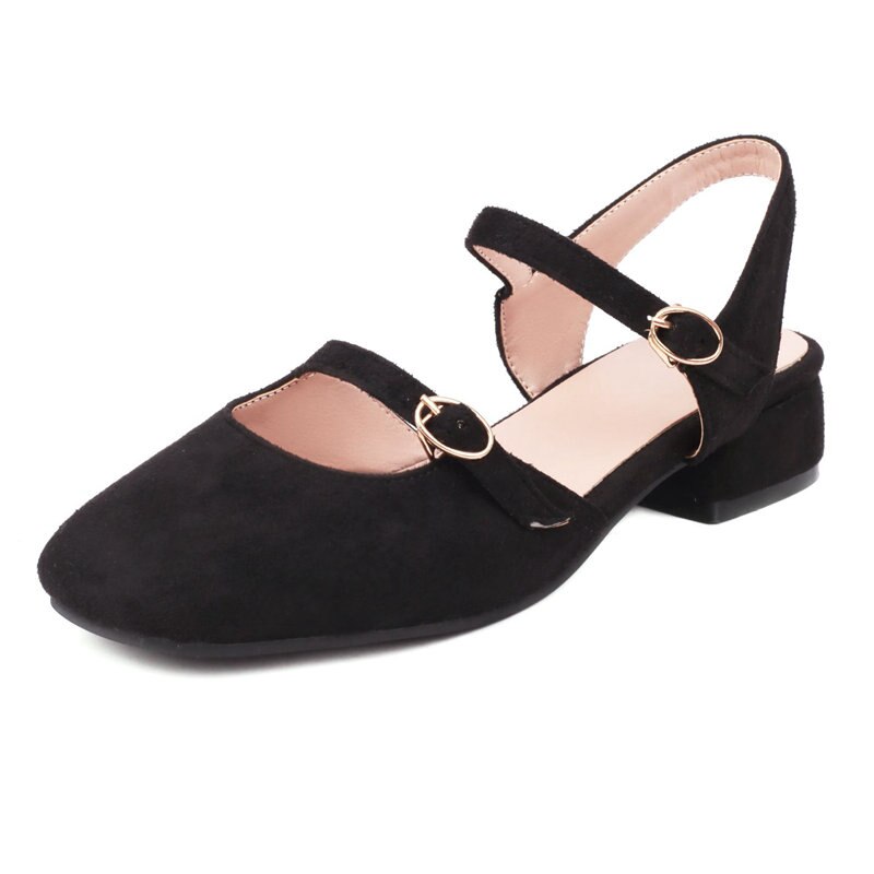 Women Sandals Square Toe Flock Double Straps Block Heels Concise Casual Daily Female Shoes