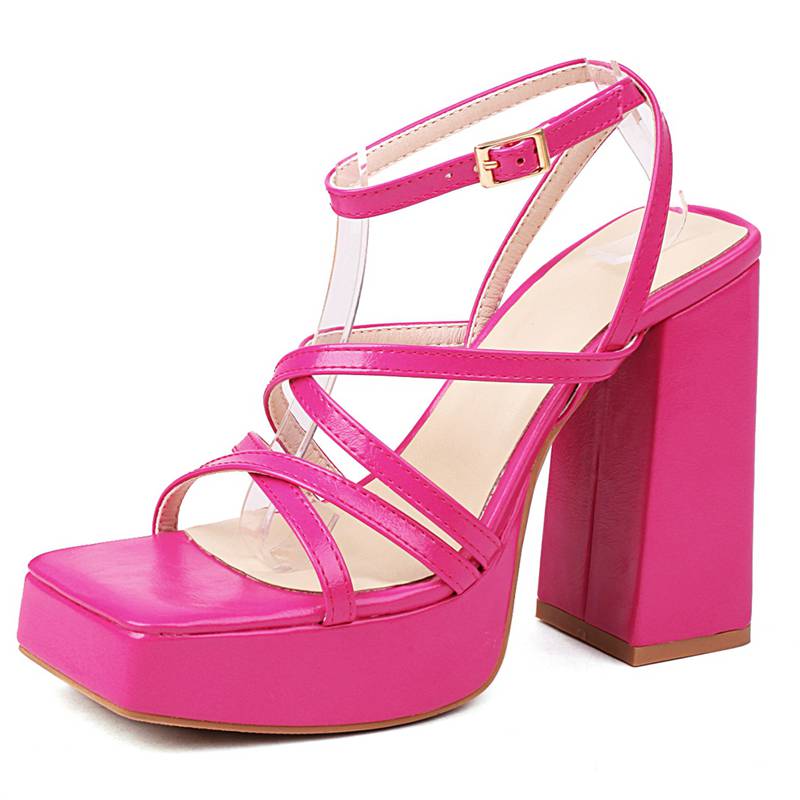 Women Sandals Square Toe Chunky Heel 13cm Platfrom 3cm Ankle Buckle Strap Plus Size