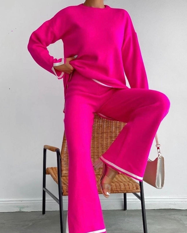 Casual Solid Knitted Tracksuit Two Piece Sets Women Outifits Fall Winter Sexy Knit Set Women Wide Leg Pants Suits For Women