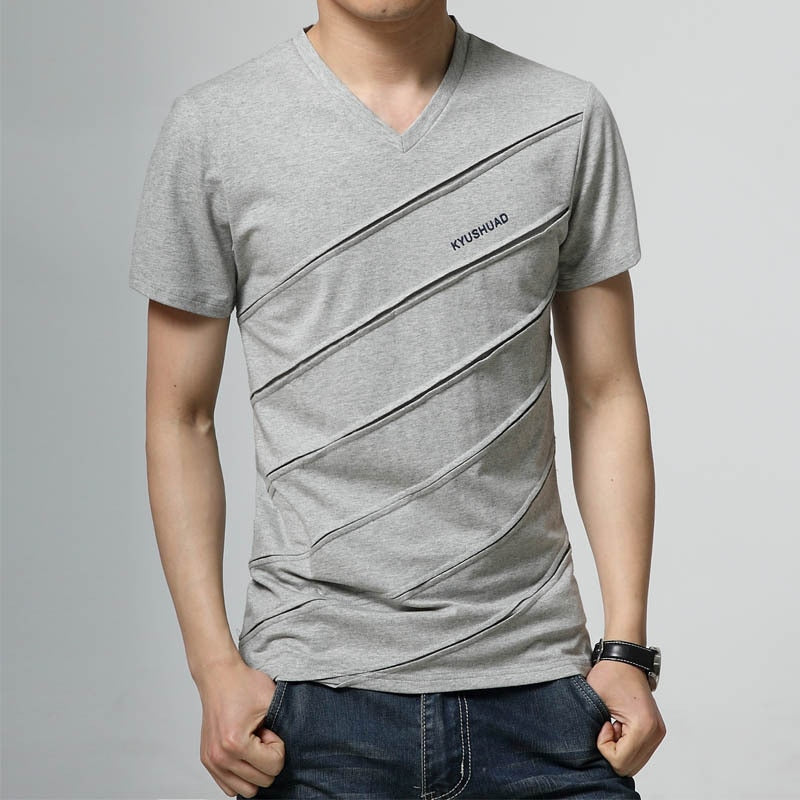 New Summer T Shirt Men Patch Mens T-shirt Casual V Neck T-shirt Slim Tee Shirt Hommes Design Solid Color Short Sleeve Shirt