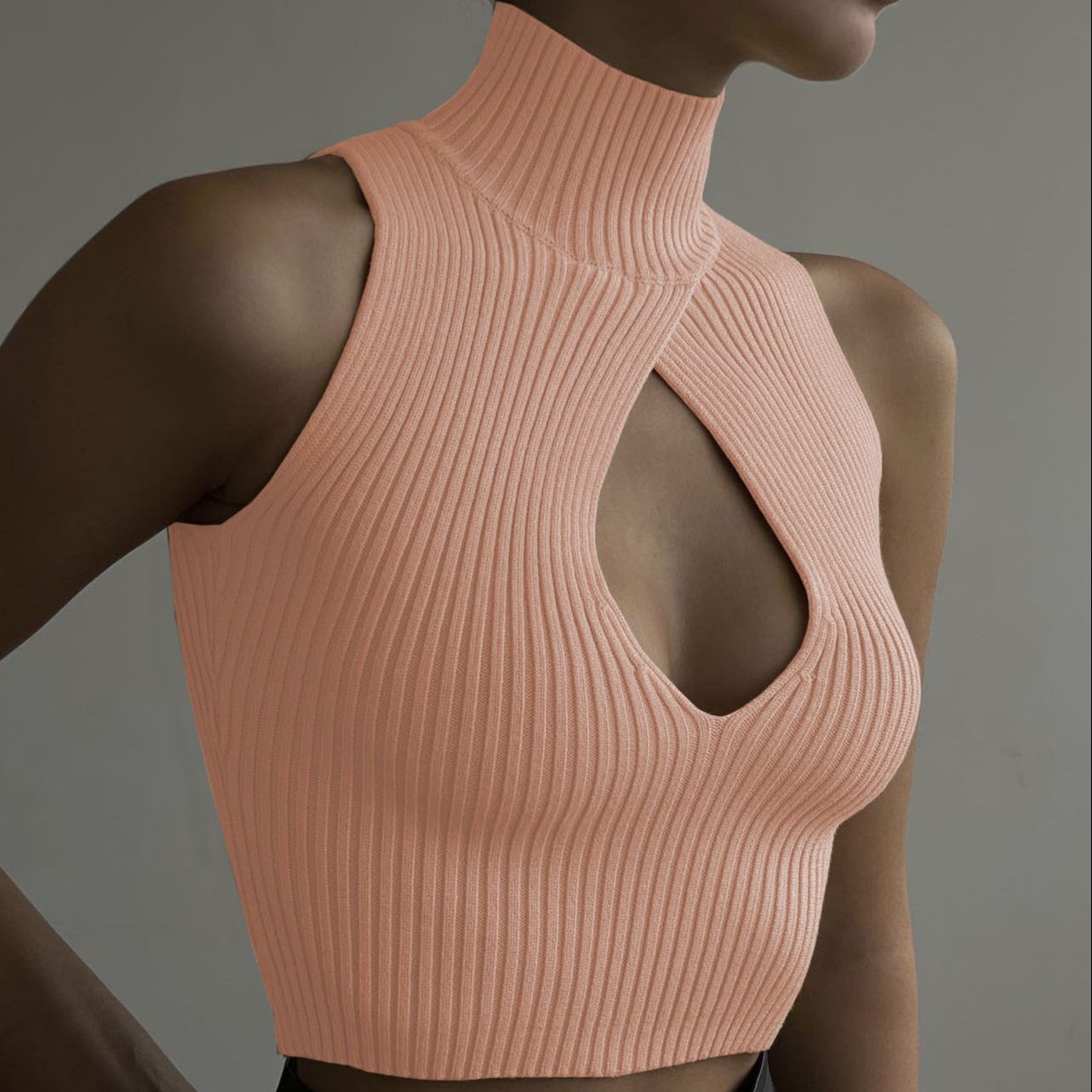 Elegant Sexy Cut Out Top for Women Fashion Sleeveless Knitted Short Tank Top Turtleneck Club Party Summer Clothes