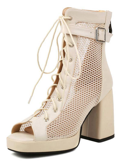 Women Gladiator Sandals Shoes Peep Toe Block Heel  Mesh Zipper Lace Up Belt Buckle Big Size