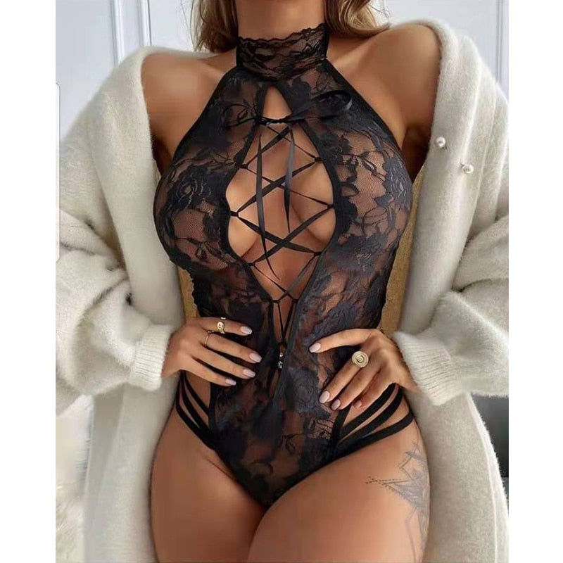 Lace Bodysuit Women Sexy Mesh Bodysuit Erotic Sleeveless Teddy Transparent Deep V Lingerie Dress Hot Erotic Lingerie