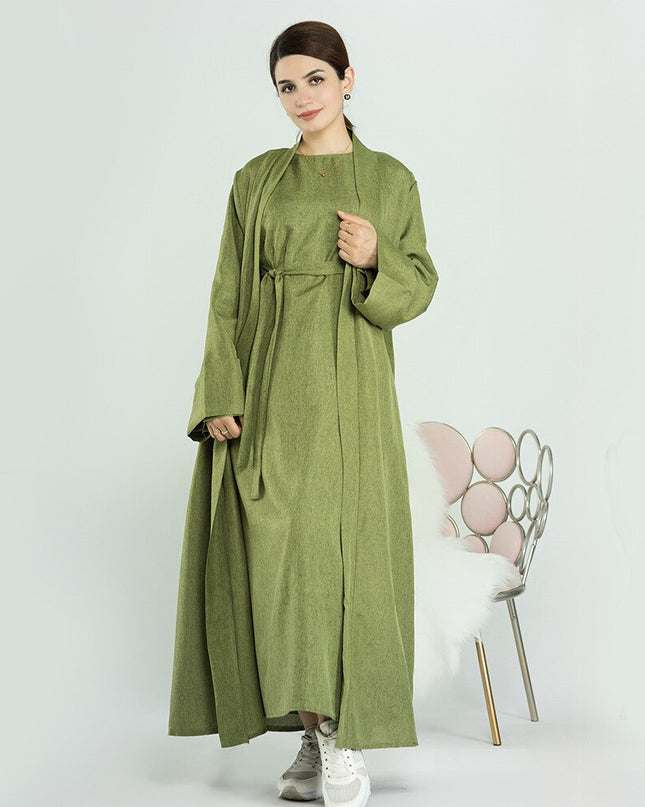 Elegant and Versatile: Two-Piece Djellaba Abaya Set with Belt for Muslim Women in Dubai