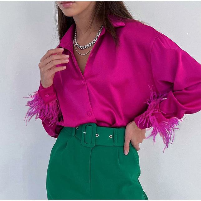 Elegante Damenblusen mit Federn, lässige modische Herbst-Oberteile, Button-Up-Satinblusen