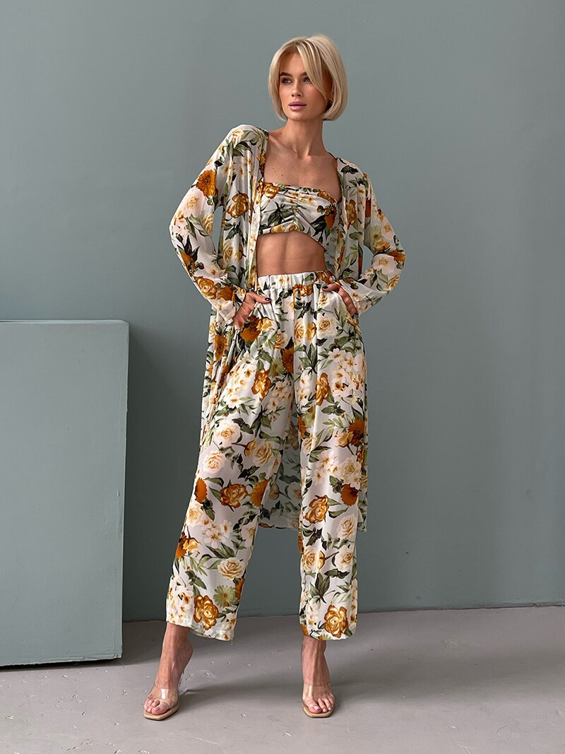 3 Pieces Set Outfits Women Wrap Chest Cardigan Pants Suit 3 Piece Sets Summer Floral Chiffon Sexy 3 Piece Matching Set For Women
