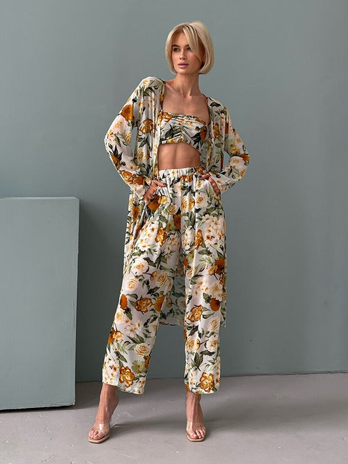 3 Pieces Set Outfits Women Wrap Chest Cardigan Pants Suit 3 Piece Sets Summer Floral Chiffon Sexy 3 Piece Matching Set For Women