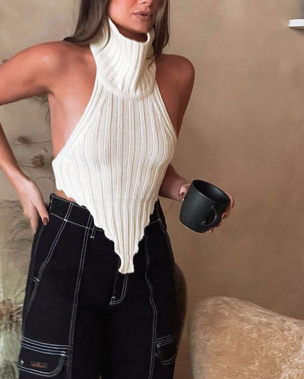 Fashion Knitted Turtleneck Crop Tops for Women Summer Sexy Sleeveless Backless Tanks Cropped Party Club Clothes