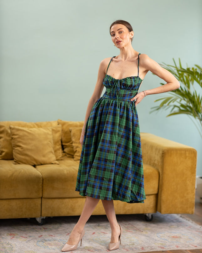 Blaugrün kariertes ärmelloses Midi-Kleid Sommer rückenfreies sexy Bandage-Slip-Kleid Vintage Maxi langes Strandkleid für Damen