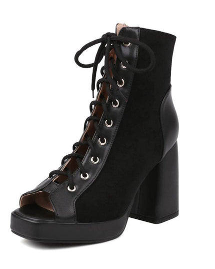 Women Sandals Peep Toe Chunky Heels  Lace Up Flock Splice Plus Size Sexy Fashion Roma Shoes