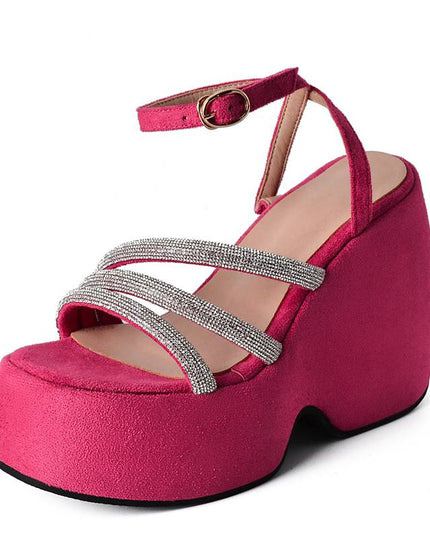 Ladies Sandals Wedges Flock Platform Hill 5cm Ankle Buckle Strap