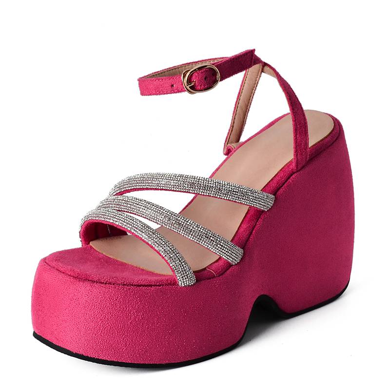 Ladies Sandals Wedges Flock Platform Hill 5cm Ankle Buckle Strap