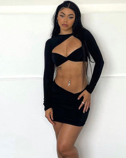 Elegant Fashion Sexy Twist Cut Out Long Sleeve 2 Piece Sets Summer Outfits Matching Sets Crop Top and Skirts Chic