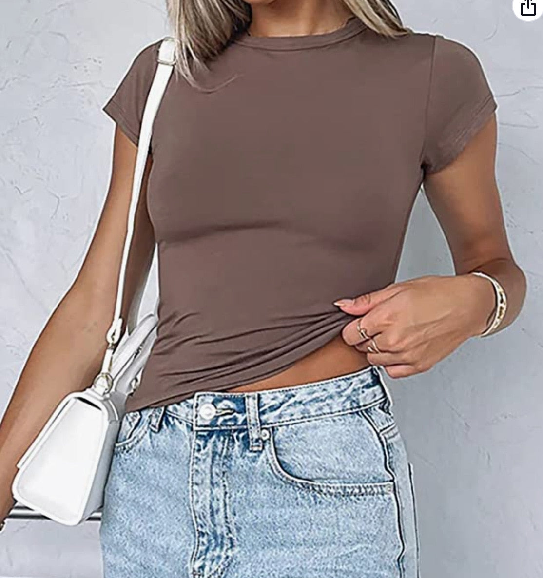Casual Fashion Essential Basic Short Sleeve T-Shirts Round Neck Women's Tops Solid 2023 Summer Slim Tops Clothes