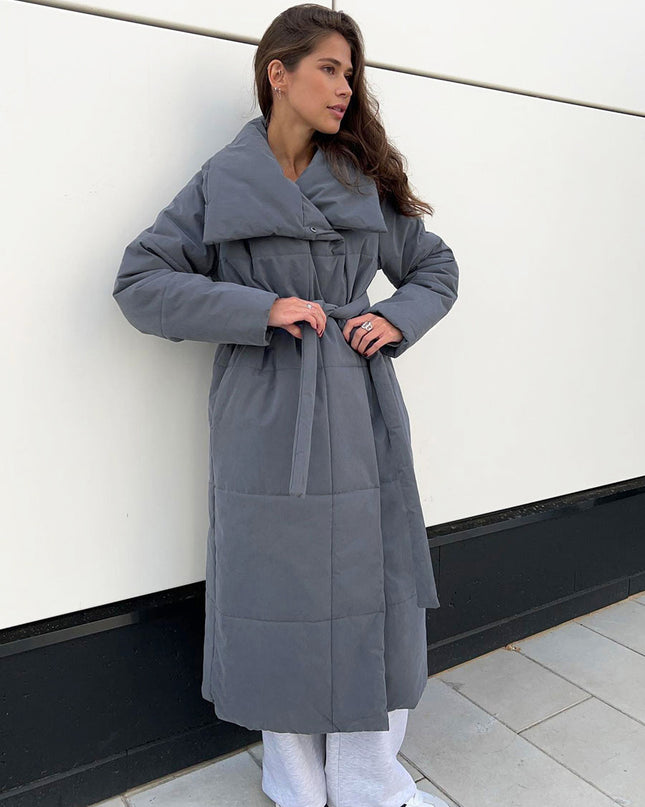 Mode Großer Revers-Langmantel Winter Warme Baumwolljacke mit Taschen und Schnürdesign Lässiger einfarbiger dicker Mantel für Damen Oberbekleidung