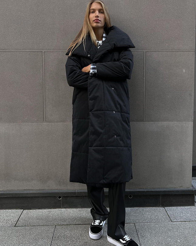 Mode Großer Revers-Langmantel Winter Warme Baumwolljacke mit Taschen und Schnürdesign Lässiger einfarbiger dicker Mantel für Damen Oberbekleidung