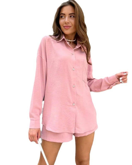 Women's Linen Two-Piece Set - Casual Shirt and Shorts
