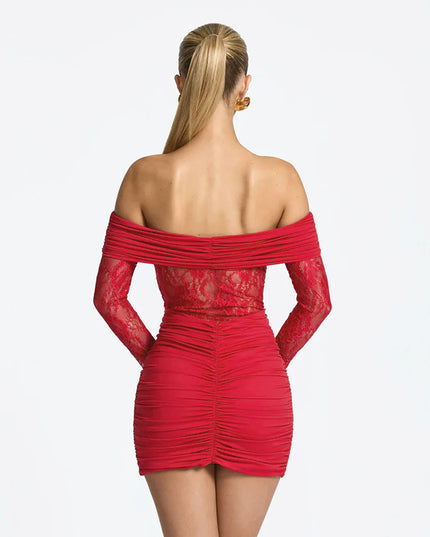 Damen schulterfreies Mini-Etuikleid mit Spitzen-Patchwork