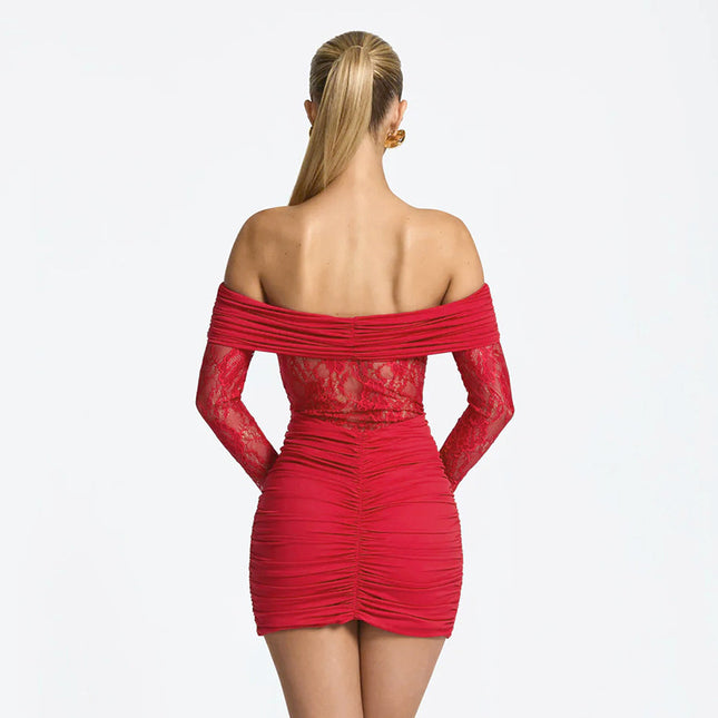 Damen schulterfreies Mini-Etuikleid mit Spitzen-Patchwork