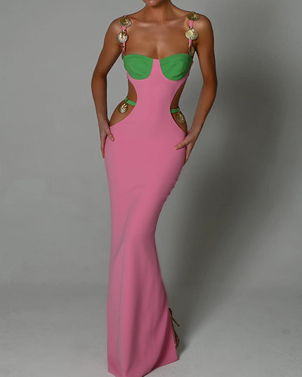 Women's Orange Pink Sling Halter A-Line Skirt