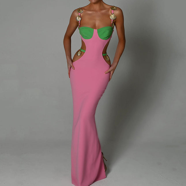 Damen orange-pinkes Neckholder-Kleid mit A-Linien-Rock