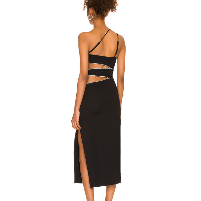 Damen Schwarzes Wickelkleid mit Strass-Einlage