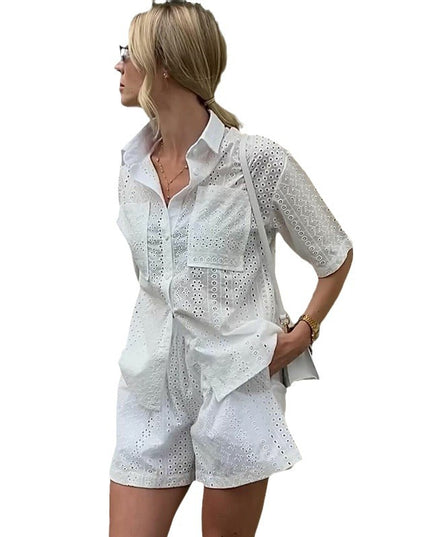 Women's Lace Lapel Shirt - Short Sleeve Fashion