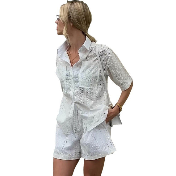 Women's Lace Lapel Shirt - Short Sleeve Fashion